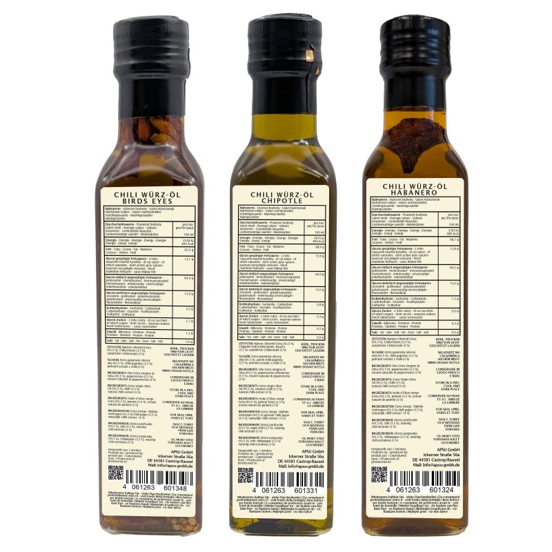 Chili-Öl Probierset Geschenkset: Bird’s Eyes, Habenero & Chipotle 3x 250ml
