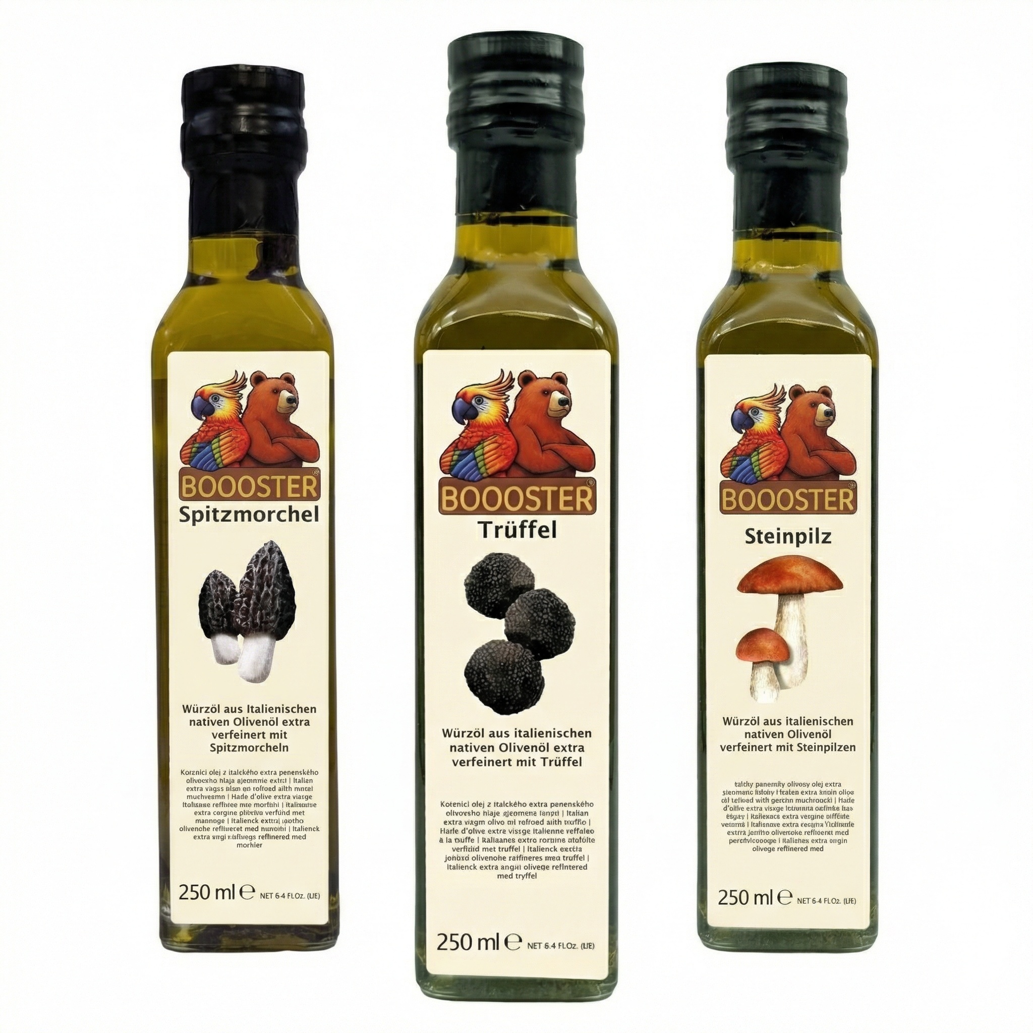 Pilz-Öl Probierset Geschenkset: Steinpilz, Trüffel, Spitzmorchel 3x 250ml