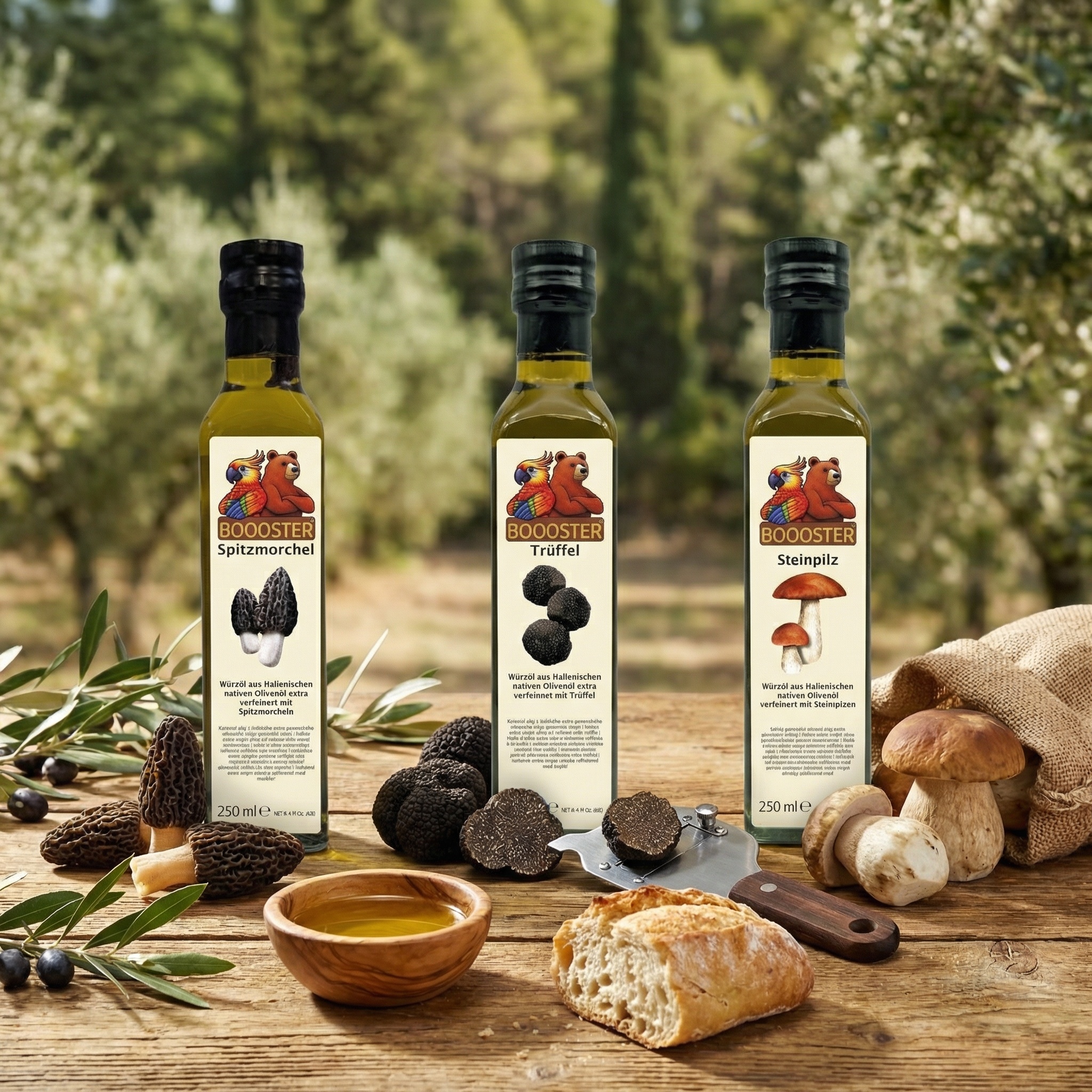 Pilz-Öl Probierset Geschenkset: Steinpilz, Trüffel, Spitzmorchel 3x 250ml