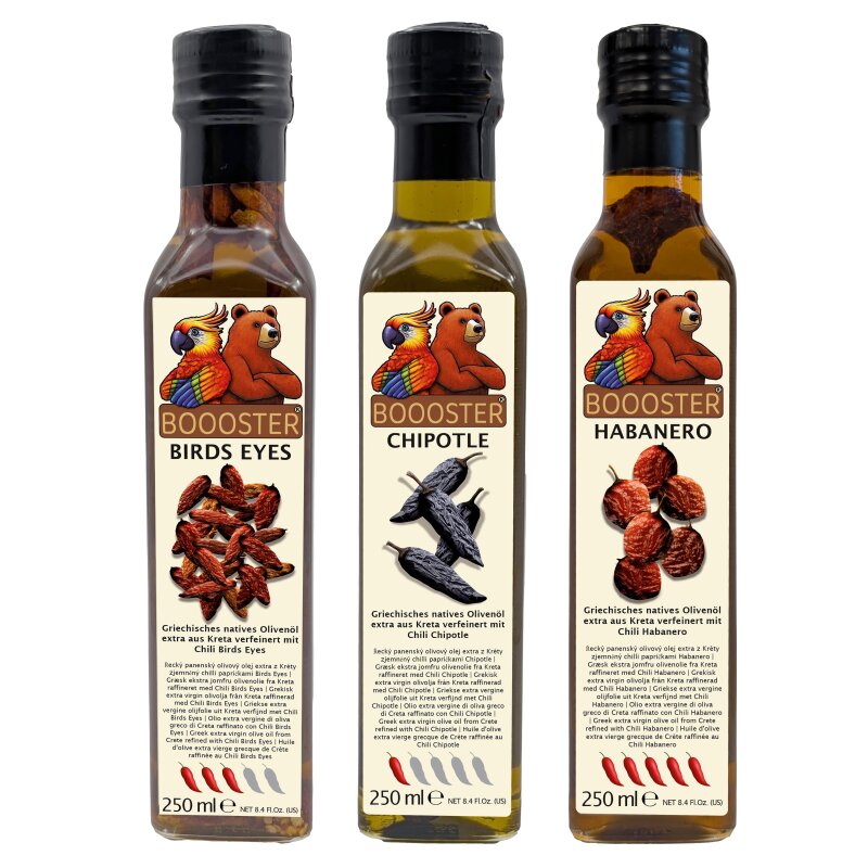 APSU Chili-Öl Probierset Geschenkset: Bird’s Eyes, Habenero & Chipotle 3x 250ml