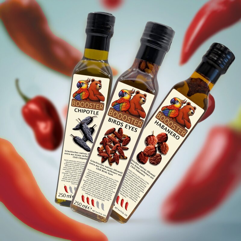 APSU Chili-Öl Probierset Geschenkset: Bird’s Eyes, Habenero & Chipotle 3x 250ml